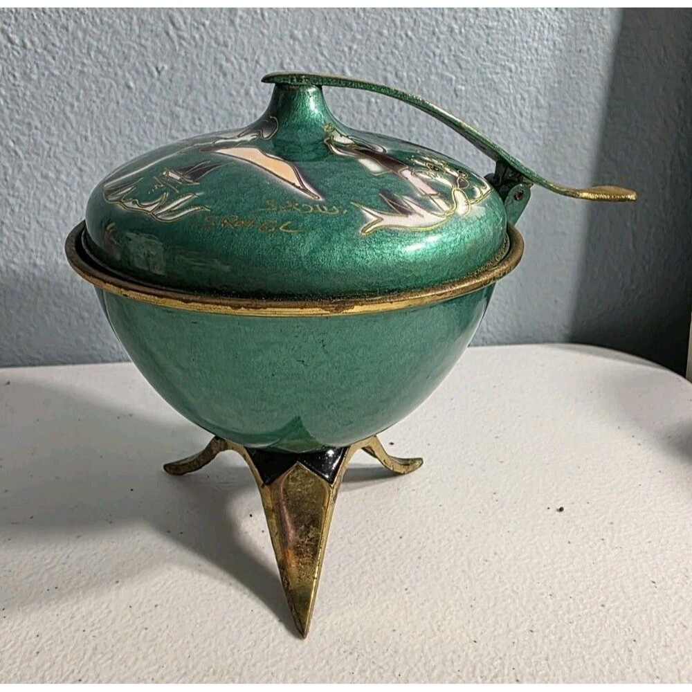 VTG MCM Judaica Israel Brass Green Enamel Lidded Candy Footed Bowl Swing Handle